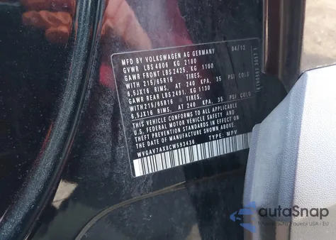 2012 Volkswagen Tiguan S z USA, uszkodzony, nr VIN WVGAV7AX8CW593436